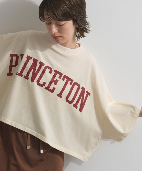 enhaut(アンオート)の「OEパウダー天竺 PRINCETON ロゴ 短丈 ワイドボリューム Tシャツ(Tシャツ/カットソー・レディース・グリーン/ネイビー/アイボリー/チャコールグレー・FREE)」の2枚目の写真