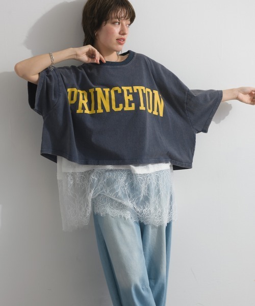 enhaut(アンオート)の「OEパウダー天竺 PRINCETON ロゴ 短丈 ワイドボリューム Tシャツ(Tシャツ/カットソー・レディース・グリーン/ネイビー/アイボリー/チャコールグレー・FREE)」の18枚目の写真