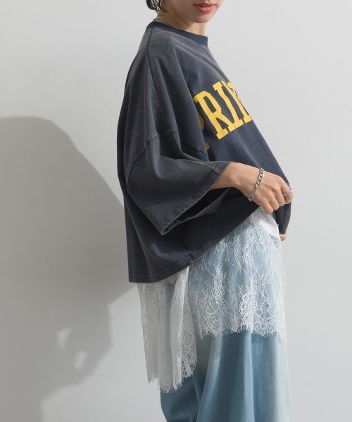 enhaut(アンオート)の「OEパウダー天竺 PRINCETON ロゴ 短丈 ワイドボリューム Tシャツ(Tシャツ/カットソー・レディース・グリーン/ネイビー/アイボリー/チャコールグレー・FREE)」の21枚目の写真