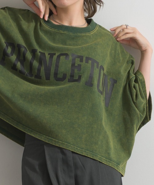 enhaut(アンオート)の「OEパウダー天竺 PRINCETON ロゴ 短丈 ワイドボリューム Tシャツ(Tシャツ/カットソー・レディース・グリーン/ネイビー/アイボリー/チャコールグレー・FREE)」の5枚目の写真