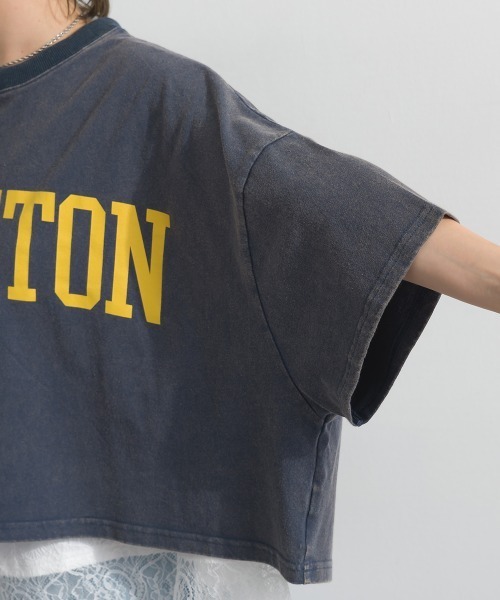 enhaut(アンオート)の「OEパウダー天竺 PRINCETON ロゴ 短丈 ワイドボリューム Tシャツ(Tシャツ/カットソー・レディース・グリーン/ネイビー/アイボリー/チャコールグレー・FREE)」の8枚目の写真