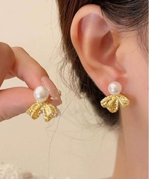 銀メッキエコパール付きレースリボンピアス アレルギー対応