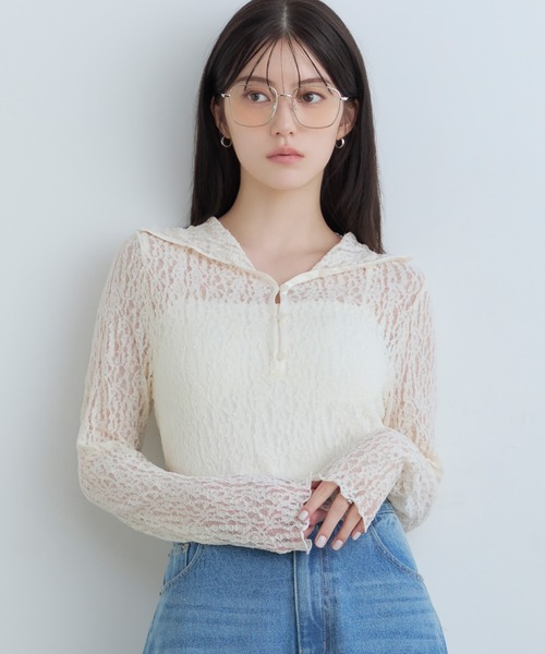 Tiny EDEN(タイニーエデン)の「【中野恵那 着用】レースシアートップス(前後2WAY)(Tシャツ/カットソー・レディース・ブラック/クリーム・FREE)」の2枚目の写真