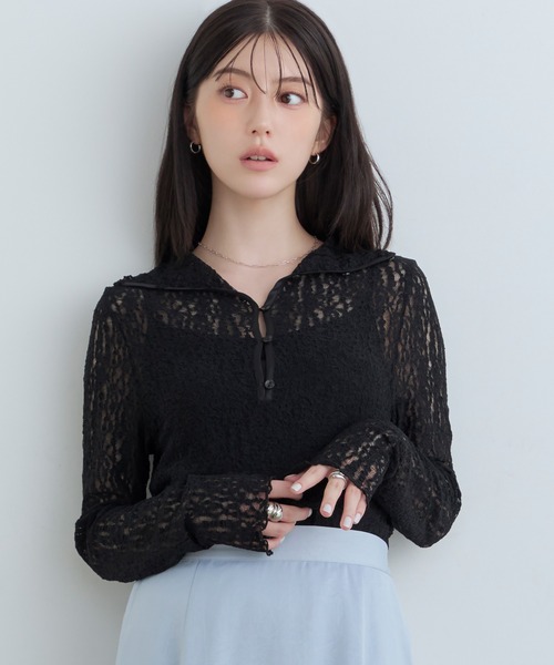 Tiny EDEN(タイニーエデン)の「【中野恵那 着用】レースシアートップス(前後2WAY)(Tシャツ/カットソー・レディース・ブラック/クリーム・FREE)」の1枚目の写真
