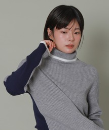 バイカラーラインタートルネックニット