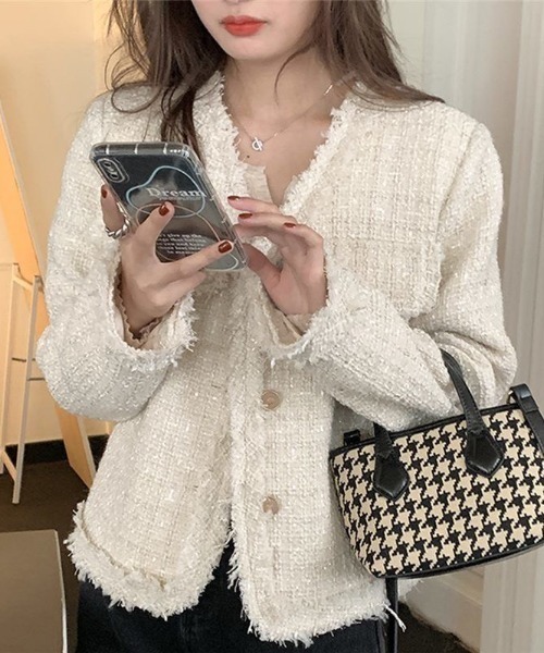 Teem Store(チームストア)の「フリンジVネックツイードジャケット(ノーカラージャケット・レディース・アイボリー・M)」の3枚目の写真