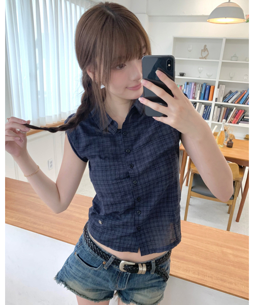 HAVISM(ヘビズム)の「CHECK 2-WAY COLLAR S/S SHIRTS(NAVY)(シャツ/ブラウス・レディース・その他・SMALL/LARGE)」の4枚目の写真