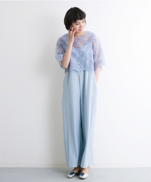 merlot plus（メルロープリュス）の「花柄レーストップス×ワイドパンツサロペット5797（サロペット/オーバーオール・レディース・グレー/ブラック/ライトブルー・FREE）」の3枚目の写真