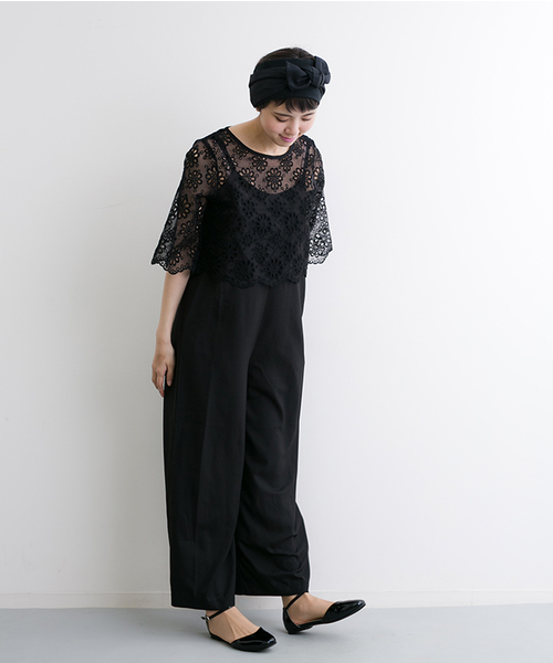 merlot plus（メルロープリュス）の「花柄レーストップス×ワイドパンツサロペット5797（サロペット/オーバーオール・レディース・グレー/ブラック/ライトブルー・FREE）」の5枚目の写真