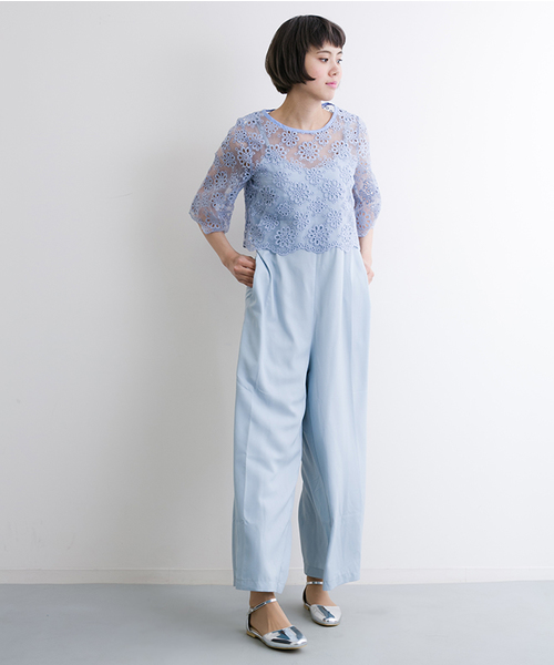 merlot plus（メルロープリュス）の「花柄レーストップス×ワイドパンツサロペット5797（サロペット/オーバーオール・レディース・グレー/ブラック/ライトブルー・FREE）」の7枚目の写真