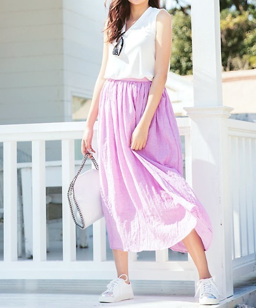 KOBE LETTUCE（コウベレタス）の「リネンタッチマキシ丈フレアスカート（スカート・レディース・ネイビー/ラベンダー/レッド/サックスブルー/オレンジ/オフホワイト/イエロー/グリーン系その他/ベージュ/ブラック/ダークグリーン/モカ/ライトカーキ/ベージュ系その他/ライラック/チャコール・FREE）」の20枚目の写真