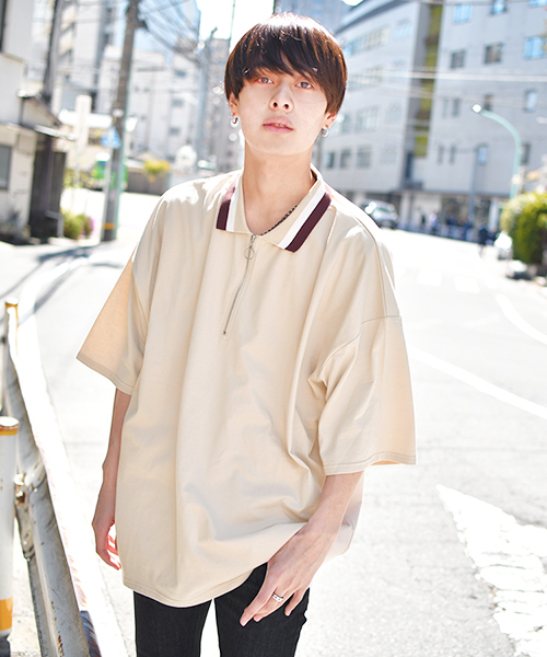 kutir（クティール）の「【ウルトラルーズシルエット】配色ハーフジップポロシャツ（Tシャツ/カットソー・メンズ・グリーン/ベージュ/ブラック/ライトベージュ・MEDIUM/LARGE）」の3枚目の写真