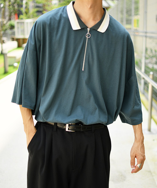 kutir（クティール）の「【ウルトラルーズシルエット】配色ハーフジップポロシャツ（Tシャツ/カットソー・メンズ・グリーン/ベージュ/ブラック/ライトベージュ・MEDIUM/LARGE）」の4枚目の写真