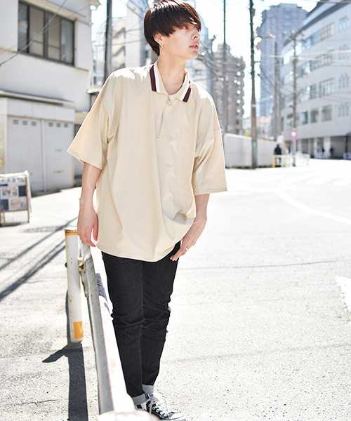 kutir（クティール）の「【ウルトラルーズシルエット】配色ハーフジップポロシャツ（Tシャツ/カットソー・メンズ・グリーン/ベージュ/ブラック/ライトベージュ・MEDIUM/LARGE）」の20枚目の写真