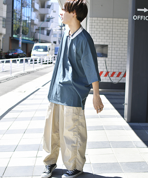 kutir（クティール）の「【ウルトラルーズシルエット】配色ハーフジップポロシャツ（Tシャツ/カットソー・メンズ・グリーン/ベージュ/ブラック/ライトベージュ・MEDIUM/LARGE）」の9枚目の写真