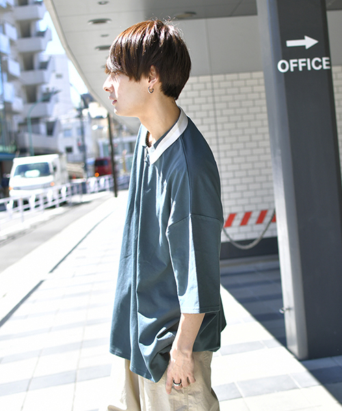 kutir（クティール）の「【ウルトラルーズシルエット】配色ハーフジップポロシャツ（Tシャツ/カットソー・メンズ・グリーン/ベージュ/ブラック/ライトベージュ・MEDIUM/LARGE）」の11枚目の写真