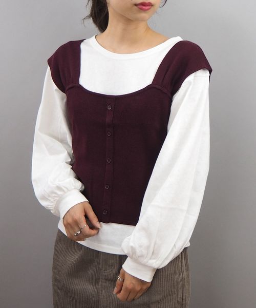 tiptop(ティップトップ)の「ボリューム袖Tシャツニットビスチェセット(Tシャツ/カットソー・レディース・ブラウン/ベージュ/エンジ・FREE)」の3枚目の写真