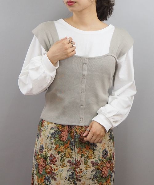 tiptop(ティップトップ)の「ボリューム袖Tシャツニットビスチェセット(Tシャツ/カットソー・レディース・ブラウン/ベージュ/エンジ・FREE)」の2枚目の写真