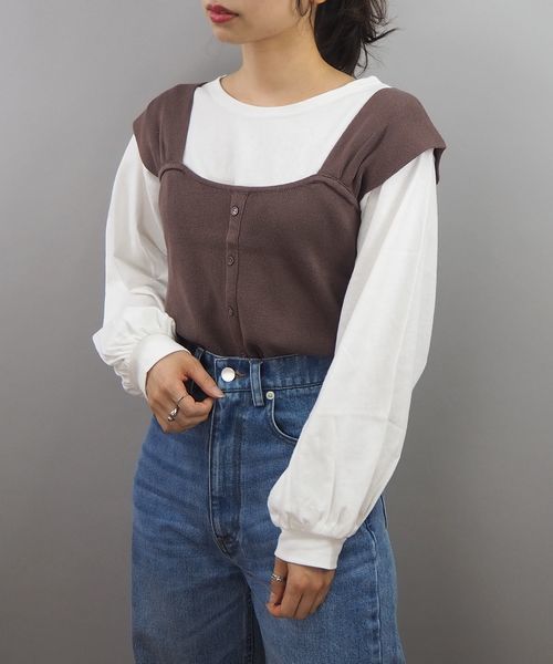 tiptop(ティップトップ)の「ボリューム袖Tシャツニットビスチェセット(Tシャツ/カットソー・レディース・ブラウン/ベージュ/エンジ・FREE)」の4枚目の写真