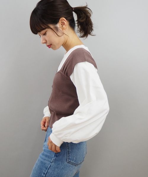 tiptop(ティップトップ)の「ボリューム袖Tシャツニットビスチェセット(Tシャツ/カットソー・レディース・ブラウン/ベージュ/エンジ・FREE)」の5枚目の写真