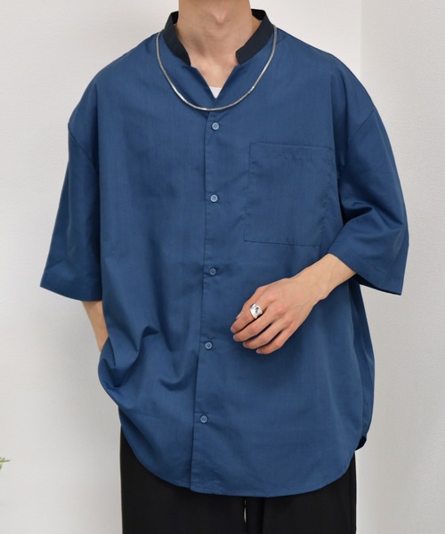 kutir(クティール)の「襟配色変形バンドカラーシャツ(シャツ/ブラウス・メンズ・チャコールグレー/ベージュ/サックスブルー・MEDIUM/LARGE)」の3枚目の写真