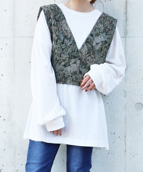 PairPair（ペアペア）の「ゴブランビスチェ×ロンＴセット（Tシャツ/カットソー・レディース・ブラウン/ブルー・FREE）」の5枚目の写真