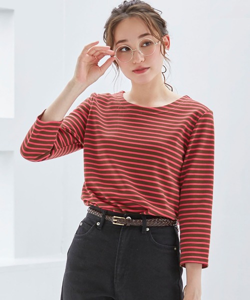 BELLUNA PLUS(ベルーナ)の「ポンチ素材ボーダープルオーバー(七分袖)(Tシャツ/カットソー・レディース・ブラック/ホワイト×ブルー/パープル系その他/オレンジ系その他・MEDIUM/LARGE/X-LARGE)」の1枚目の写真