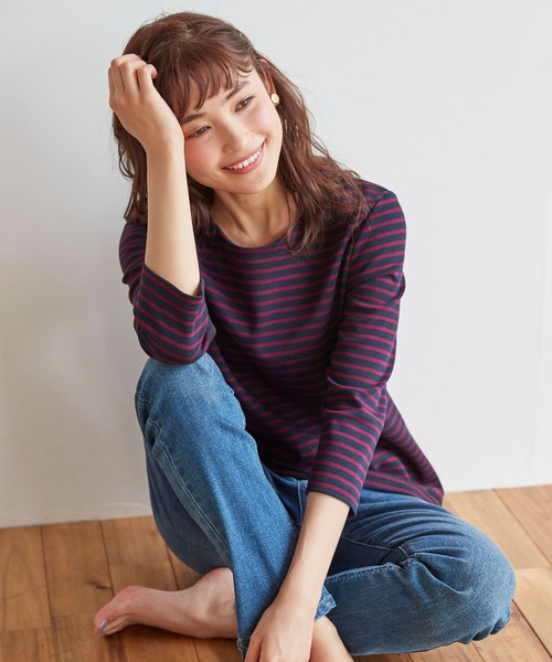 BELLUNA PLUS(ベルーナ)の「ポンチ素材ボーダープルオーバー(七分袖)(Tシャツ/カットソー・レディース・ブラック/ホワイト×ブルー/パープル系その他/オレンジ系その他・MEDIUM/LARGE/X-LARGE)」の18枚目の写真