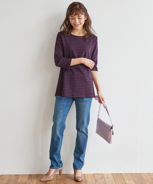 BELLUNA PLUS(ベルーナ)の「ポンチ素材ボーダープルオーバー(七分袖)(Tシャツ/カットソー・レディース・ブラック/ホワイト×ブルー/パープル系その他/オレンジ系その他・MEDIUM/LARGE/X-LARGE)」の17枚目の写真