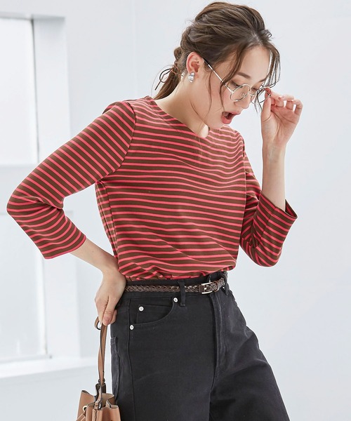 BELLUNA PLUS(ベルーナ)の「ポンチ素材ボーダープルオーバー(七分袖)(Tシャツ/カットソー・レディース・ブラック/ホワイト×ブルー/パープル系その他/オレンジ系その他・MEDIUM/LARGE/X-LARGE)」の19枚目の写真