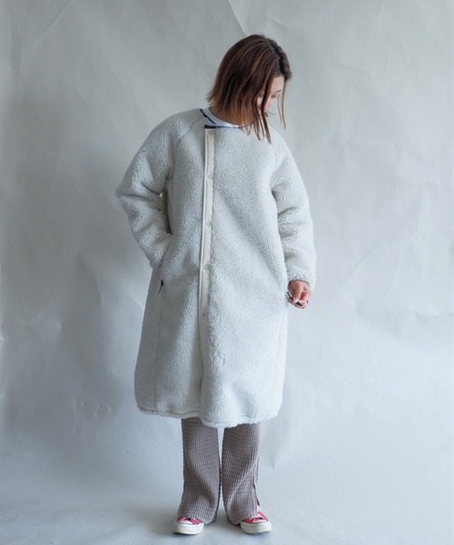 MANASTASH(マナスタッシュ)の「MANASTASH/マナスタッシュ W's MT. GORILLA LONG JKT '21 ウィメンズ マウントゴリラ ロングジャケット フリース(ノーカラーコート・レディース・ナチュラル/ブラック/ライトブラウン/オリーブ・MEDIUM)」の8枚目の写真