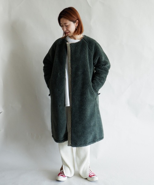 MANASTASH(マナスタッシュ)の「MANASTASH/マナスタッシュ W's MT. GORILLA LONG JKT '21 ウィメンズ マウントゴリラ ロングジャケット フリース(ノーカラーコート・レディース・ナチュラル/ブラック/ライトブラウン/オリーブ・MEDIUM)」の9枚目の写真