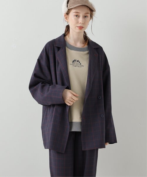 DOUBLE NAME（ダブルネーム）の「ハンド風ステッチチェックゆるジャケット（テーラードジャケット・レディース・ブラウン/ブラック/ネイビー・FREE）」の3枚目の写真