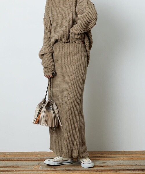 FREAK'S STORE（フリークスストア）の「▽【WEB限定】鬼ワッフルマーメイドスカート(ニットスカート)（スカート・レディース・ブラック/ベージュ/オリーブ/ブルー/マスタード/ナチュラル・ﾌﾘ-）」の14枚目の写真