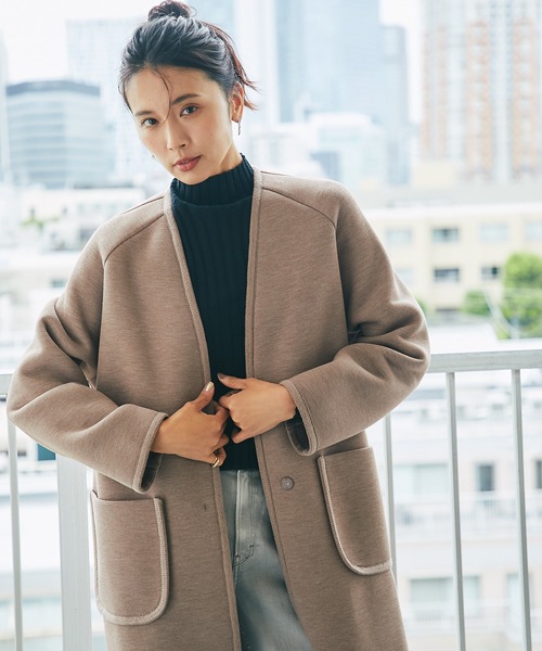 RIVE DROITE（リヴドロワ）の「すっきりとした見え感でレディに着こなす　カノコダンボールガウンコート（ノーカラーコート・レディース・モカ/ベージュ・FREE）」の14枚目の写真