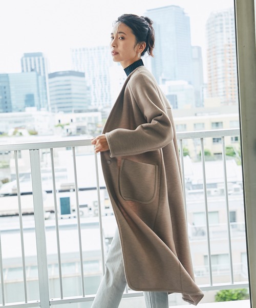 RIVE DROITE（リヴドロワ）の「すっきりとした見え感でレディに着こなす　カノコダンボールガウンコート（ノーカラーコート・レディース・モカ/ベージュ・FREE）」の16枚目の写真
