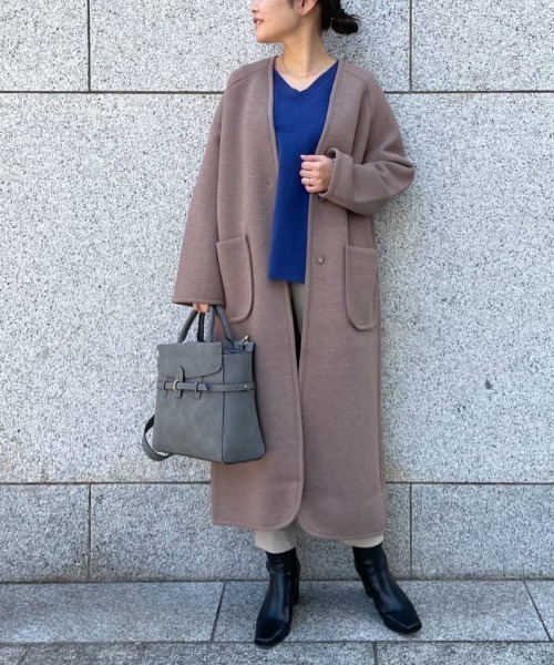 RIVE DROITE（リヴドロワ）の「すっきりとした見え感でレディに着こなす　カノコダンボールガウンコート（ノーカラーコート・レディース・モカ/ベージュ・FREE）」の10枚目の写真