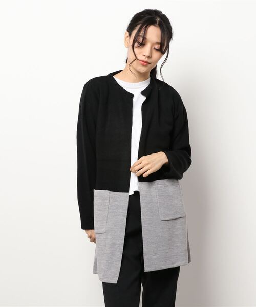 BELLUNA PLUS（ベルーナ）の「ミラノリブニットノーカラーカーディガン（カーディガン/ボレロ・レディース・ベージュ/ダークネイビー/ブラック×グレー/パープル系その他・MEDIUM/LARGE/X-LARGE）」の6枚目の写真