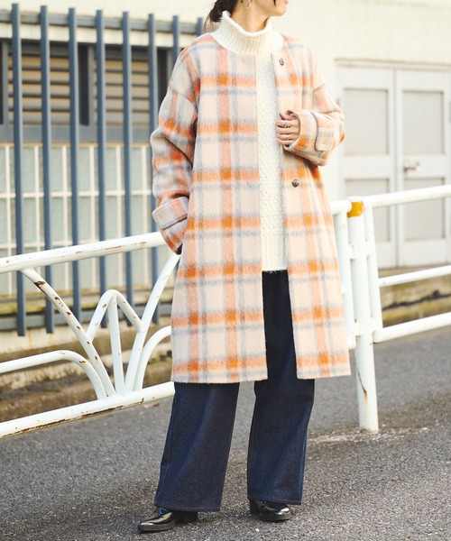 BONbazaar（ボンバザール）の「★OT★《素材感が魅力》スライバービッグチェックコート（ノーカラーコート・レディース・ホワイト系その他/オレンジ系その他・FREE）」の19枚目の写真