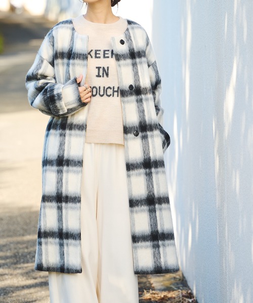 BONbazaar（ボンバザール）の「★OT★《素材感が魅力》スライバービッグチェックコート（ノーカラーコート・レディース・ホワイト系その他/オレンジ系その他・FREE）」の11枚目の写真