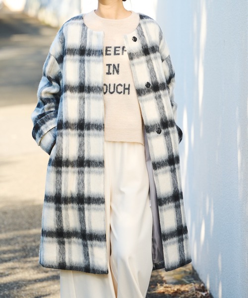 BONbazaar（ボンバザール）の「★OT★《素材感が魅力》スライバービッグチェックコート（ノーカラーコート・レディース・ホワイト系その他/オレンジ系その他・FREE）」の12枚目の写真