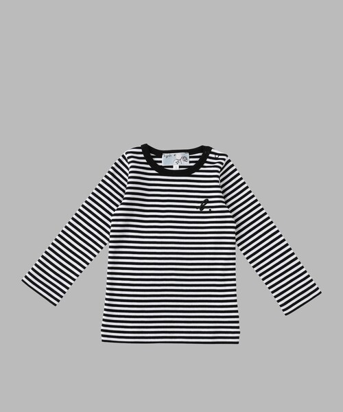agnes b.(アニエスベー)の「ベビー "b."ロゴ 細ボーダー 長袖 Tシャツ(Tシャツ/カットソー・キッズ・ブラック・1YEAR/2YEAR)」の1枚目の写真
