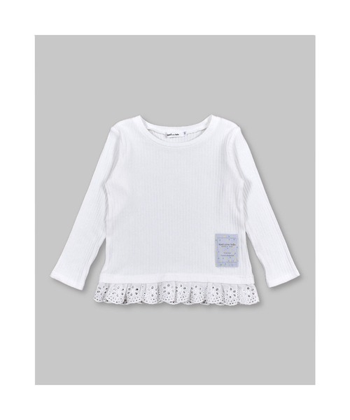 Noeil aime BeBe(ノイユエイムベベ)の「NoeilaimeBeBe/裾レース付きレーシーテレコTシャツ(80~130cm)(Tシャツ/カットソー・キッズ・ホワイト/ピンク・110/90/80/130/120/100)」の1枚目の写真