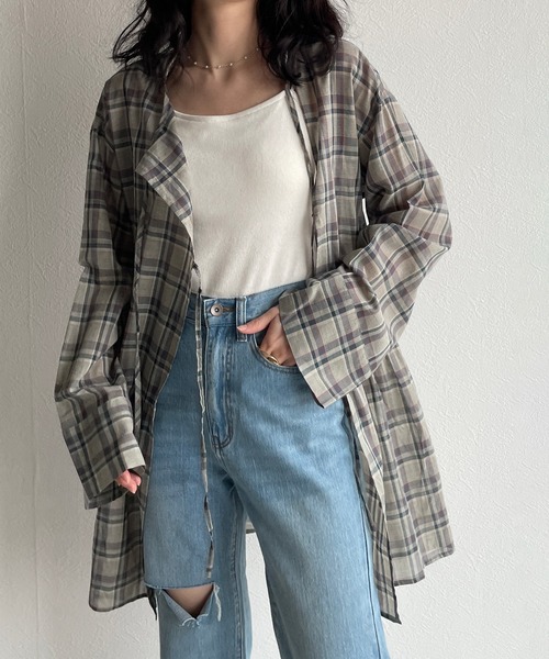 w closet(ダブルクローゼット)の「前リボンティアードチュニックはおり(シャツ/ブラウス・レディース・ブルー/グリーン・FREE)」の1枚目の写真