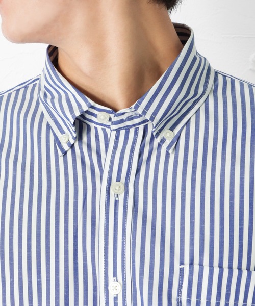 NAVY（ネイビー）の「SOLOTEX(R)使用 リネン混ストライプ 長袖 ボタンダウンシャツ（シャツ/ブラウス・メンズ・ブルー/ネイビー・M/XL/S/L）」の8枚目の写真