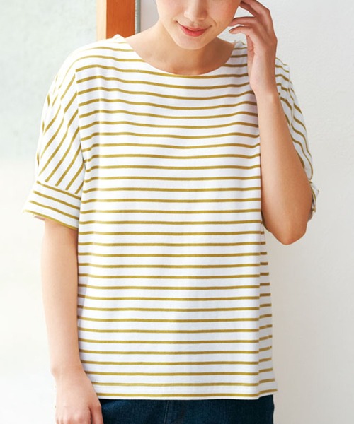 BELLUNA(ベルーナ)の「綿100%袖デザインプルオーバー(Tシャツ/カットソー・レディース・ブラック/ホワイト×ネイビー/ホワイト×ライム/コーラル・MEDIUM/LARGE/X-LARGE)」の3枚目の写真