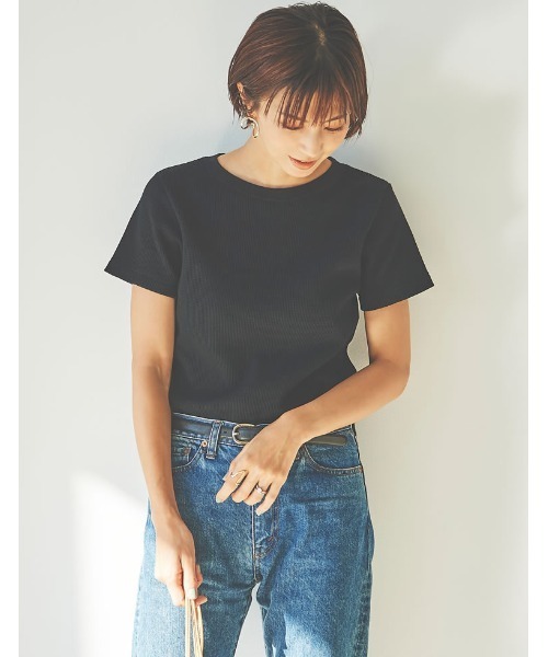 Re:EDIT（リエディ）の「[日本製][小さいサイズ有]ワッフルコットンコンパクトTシャツ（Tシャツ/カットソー・レディース・ホワイト/チャコールグレー/ブラック/カーキ・SMALL/MEDIUM/LARGE/X-SMALL）」の9枚目の写真
