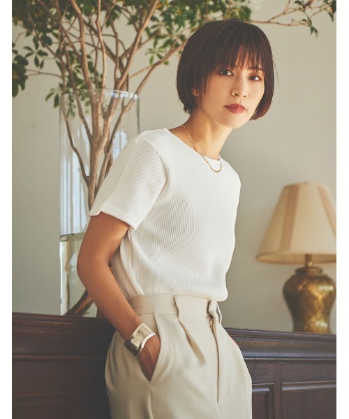 Re:EDIT（リエディ）の「[日本製][小さいサイズ有]ワッフルコットンコンパクトTシャツ（Tシャツ/カットソー・レディース・ホワイト/チャコールグレー/ブラック/カーキ・SMALL/MEDIUM/LARGE/X-SMALL）」の13枚目の写真
