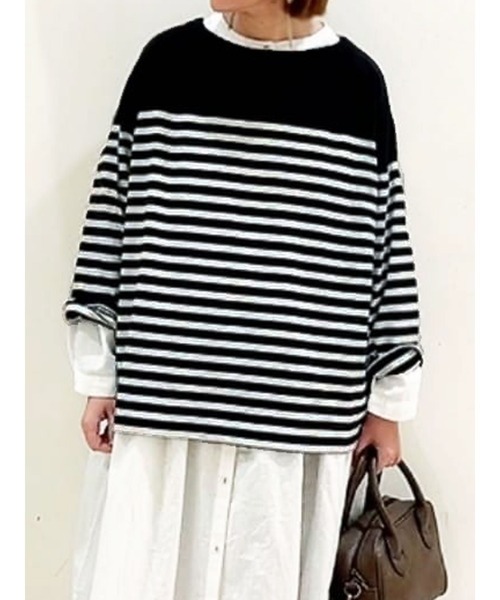 Samansa Mos2(サマンサ モスモス)の「パネルボーダーバスクカットソー(Tシャツ/カットソー・レディース・オフホワイト/ブルー/ブラック/グリーン/ベージュ/ピンク・フリ-)」の2枚目の写真