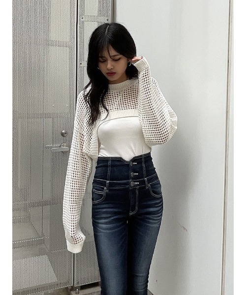 ENVYM（アンビー）の「クロップドメッシュニットＰＯ（ニット/セーター・レディース・ホワイト/オレンジ/ブラック・FREE）」の11枚目の写真